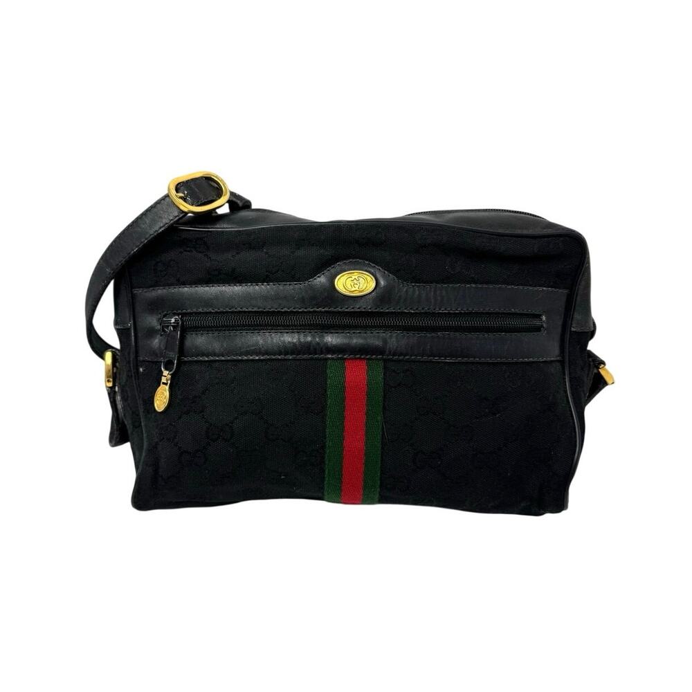 Gucci Vintage Black GG Canvas Web Stripe Crossbody Shoulder Bag Gold
